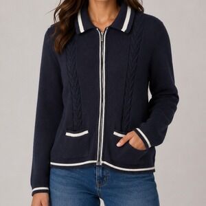 Faconnable Womens Navy White Cable Knit Zip Front Cardigan Size Medium